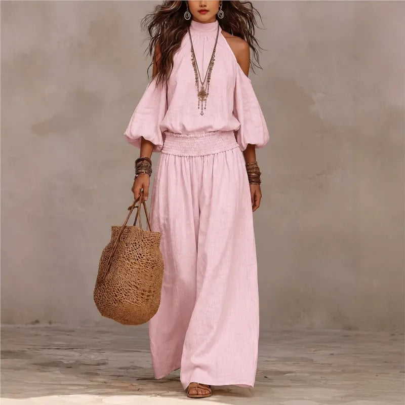 Conjunto Elisia™ com Blusa de Ombros Vazados e Calça Pantalona de Cós Elástico