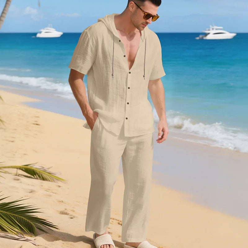 Conjunto Sorrento™ em Linho de Algodão com Camisa de Capuz e Calça Ajustável