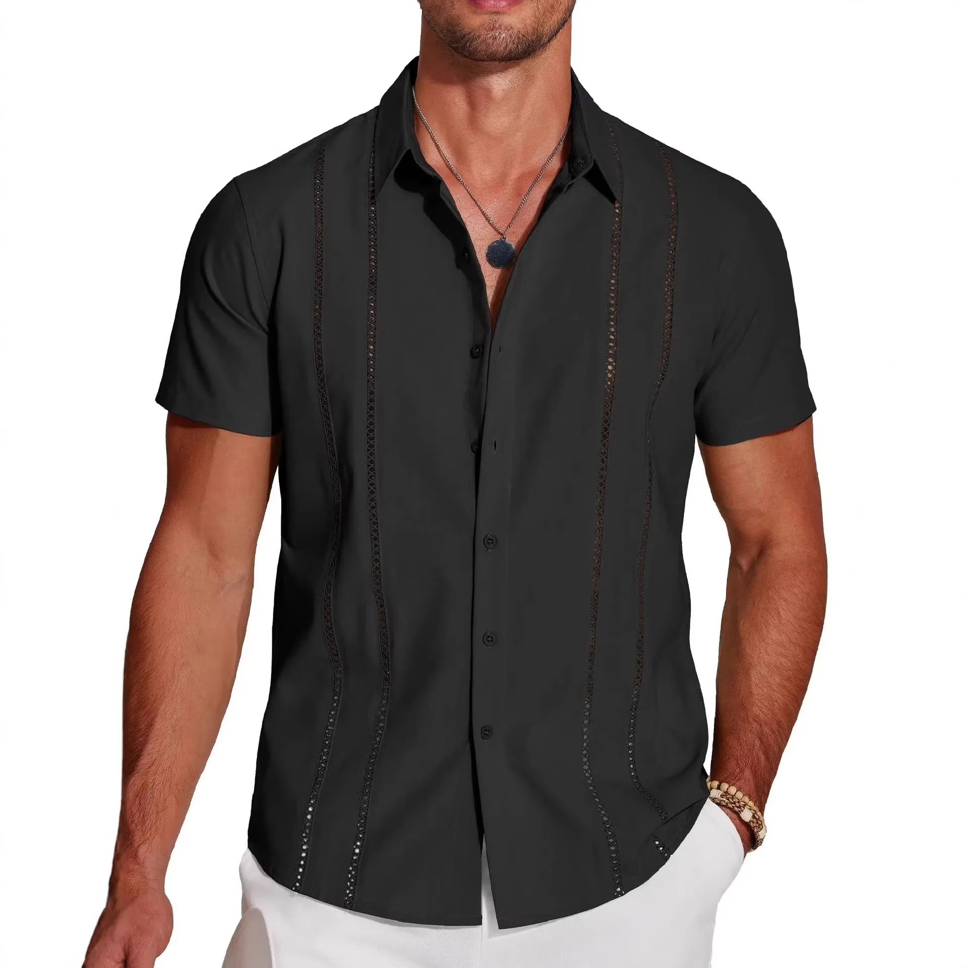 Camisa Kaedon™ com Linhas Verticais de Efeito Metálico e Visual de Alto Padrão