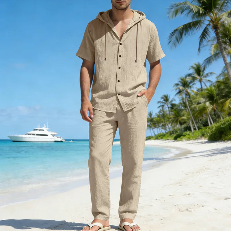 Conjunto Sorrento™ em Linho de Algodão com Camisa de Capuz e Calça Ajustável