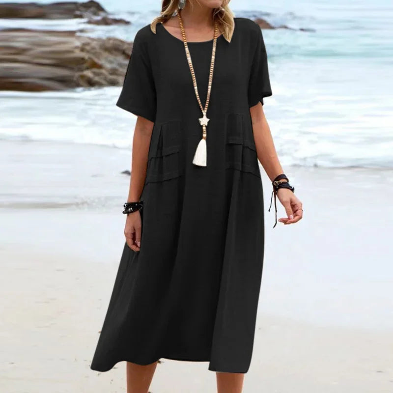 Vestido Alessia™ em Linho de Algodão com Detalhes em Camadas nas Laterais / Elegância Casual Para Diferentes Ocasiões