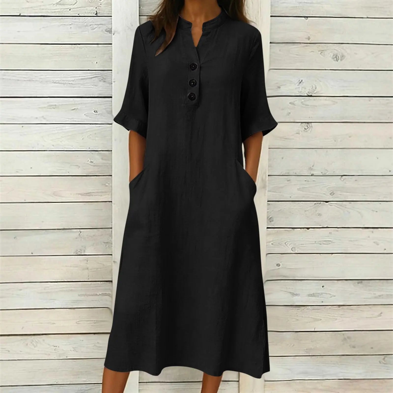 Vestido Elaine™ em Algodão com Gola Mandarim, Botões Frontais e Bolsos Laterais