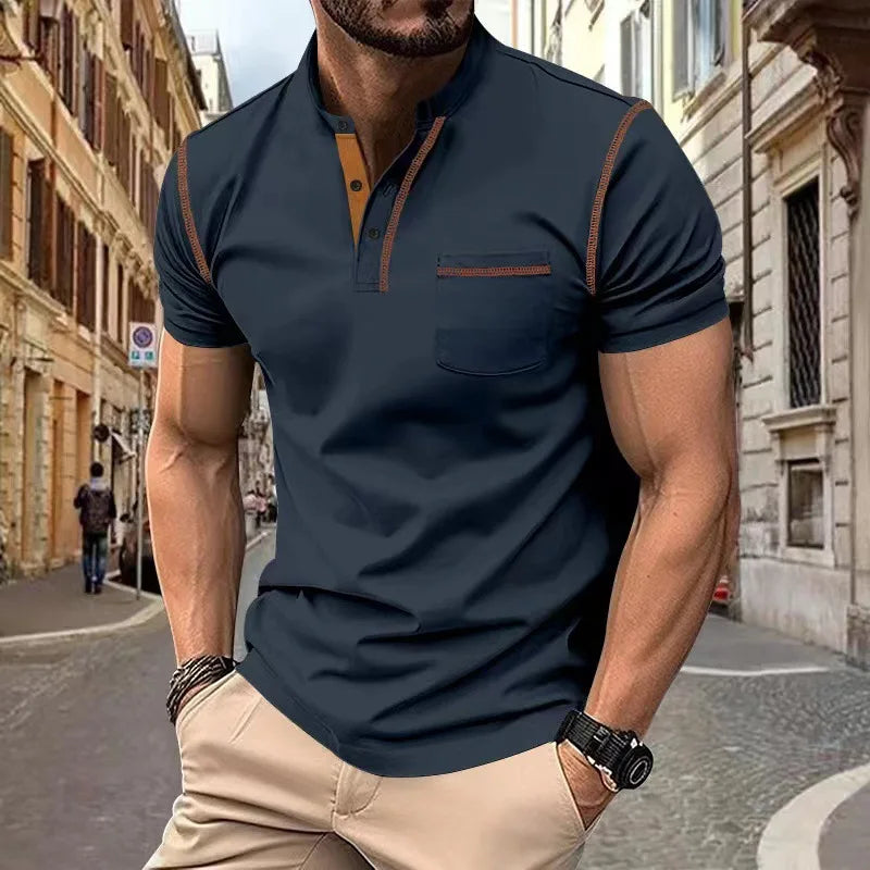 Camiseta Casual Torvani™ com Gola Padre e Acabamento Contrastante / Fácil de Combinar do Jeans à Alfaiataria