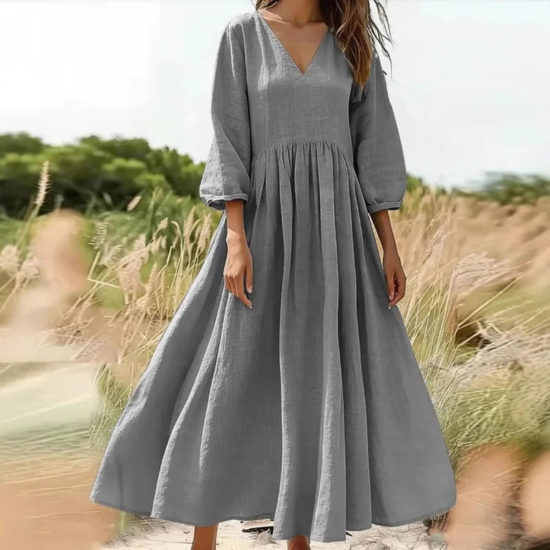 Vestido Arietta™ em Linho de Algodão com Cintura Alta Franzida e Mangas Bufantes
