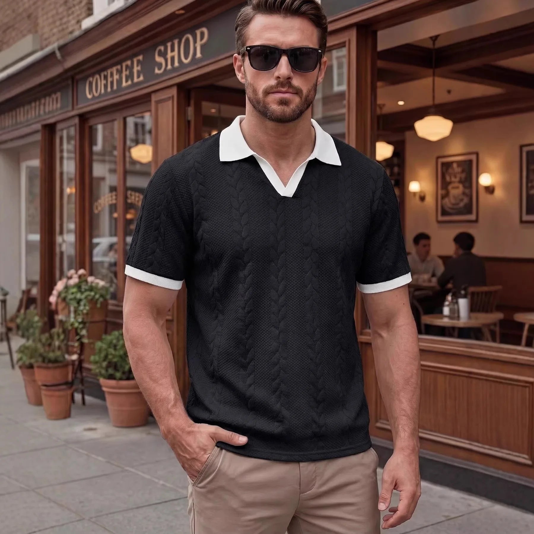 Polo Windsor™ Em Malha Texturizada Com Gola Contrastante