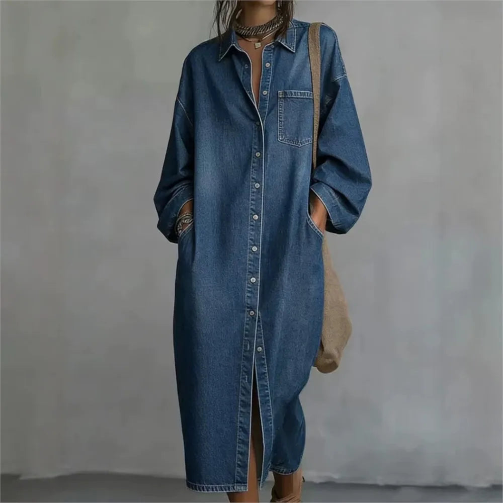 Vestido Chemise Colmar™ em Jeans com Gola Clássica e Fechamento Frontal por Botões