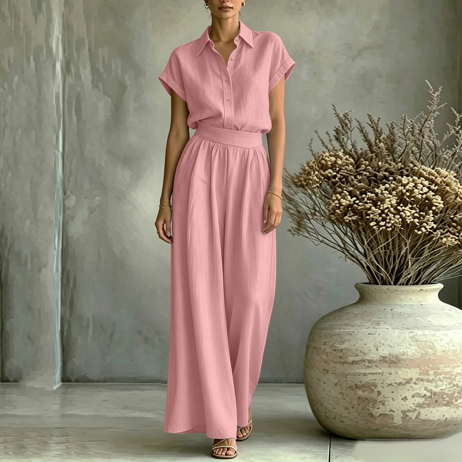 Conjunto Viona™ com Camisa de Gola Clássica e Calça de Cintura Alta / Cintura Valorizada com Leveza e Elegância