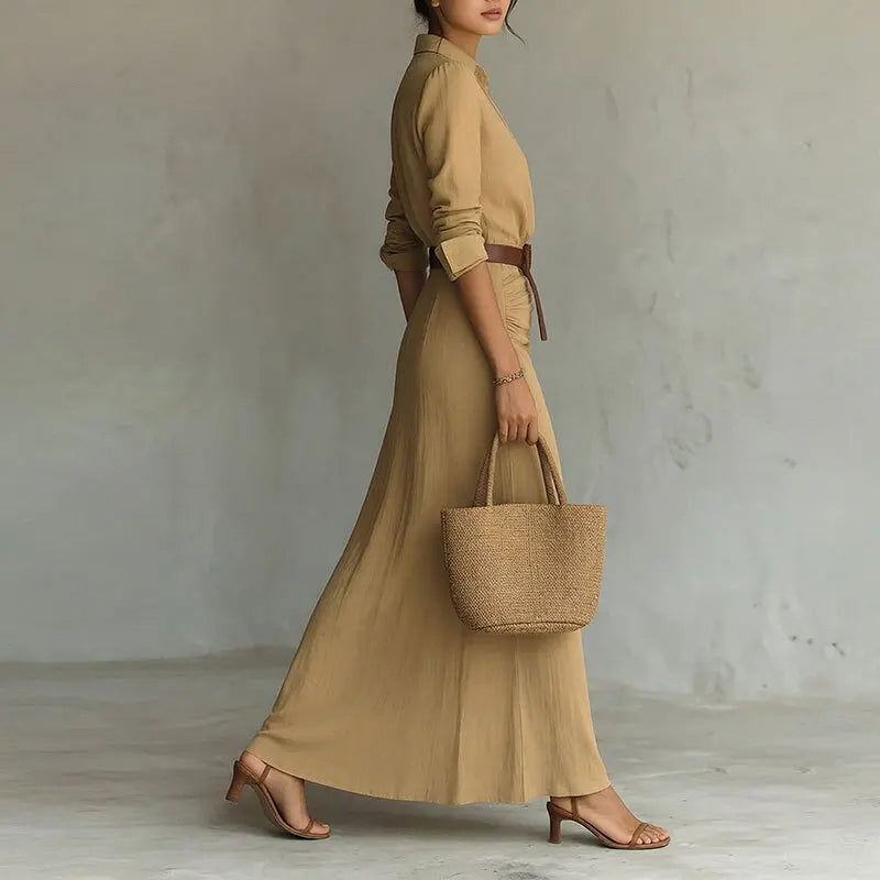 Vestido Marenza™ com Gola de Camisa, Cinto Incluso e Comprimento Longo