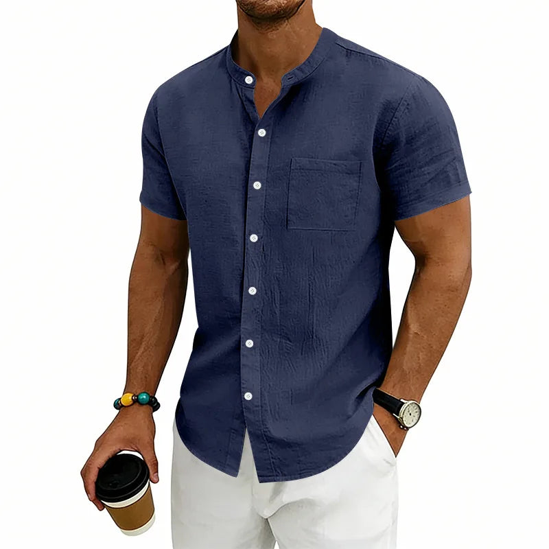 Camisa Montese™ Em Linho de Algodão Com Gola Mandarim