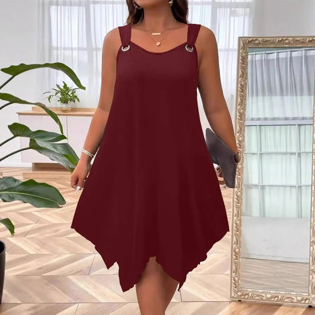Vestido Soraya™ com Barra Assimétrica e Alças com Argolas Metálicas / Uma Escolha Versátil Para Passeios E Dias Casuais