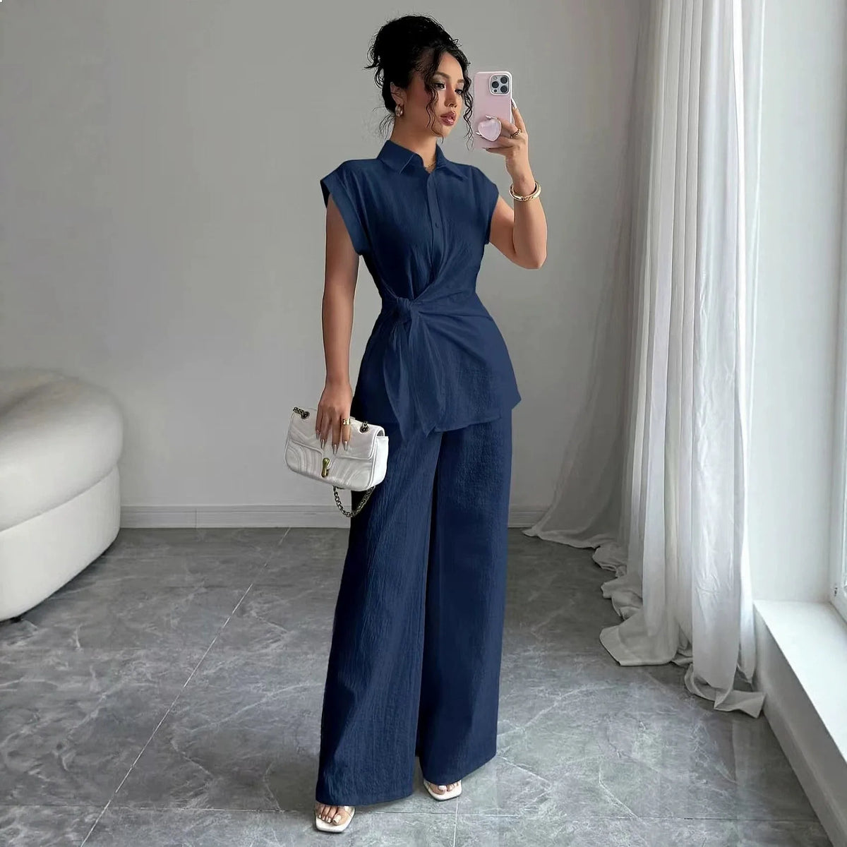 Conjunto Avila™ com Camisa de Botões Frontais e Calça Ampla / Duas Peças para um Visual Alinhado sem Esforço