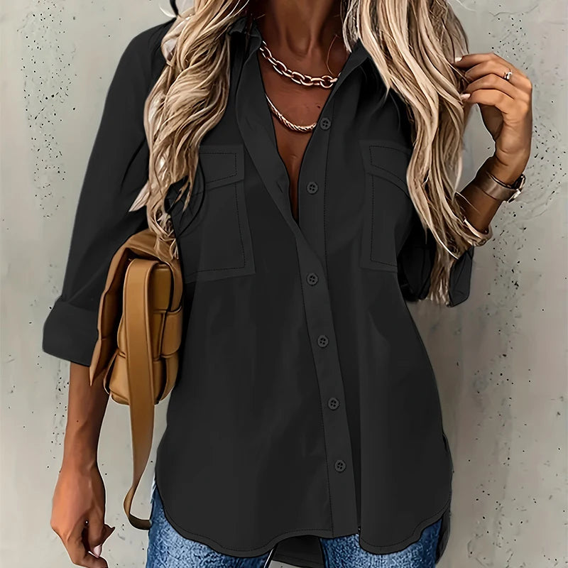 Camisa Lisanne™ Com Bolsos Frontais No Busto e Caimento Solto / Leveza Que Veste Sem Marcar