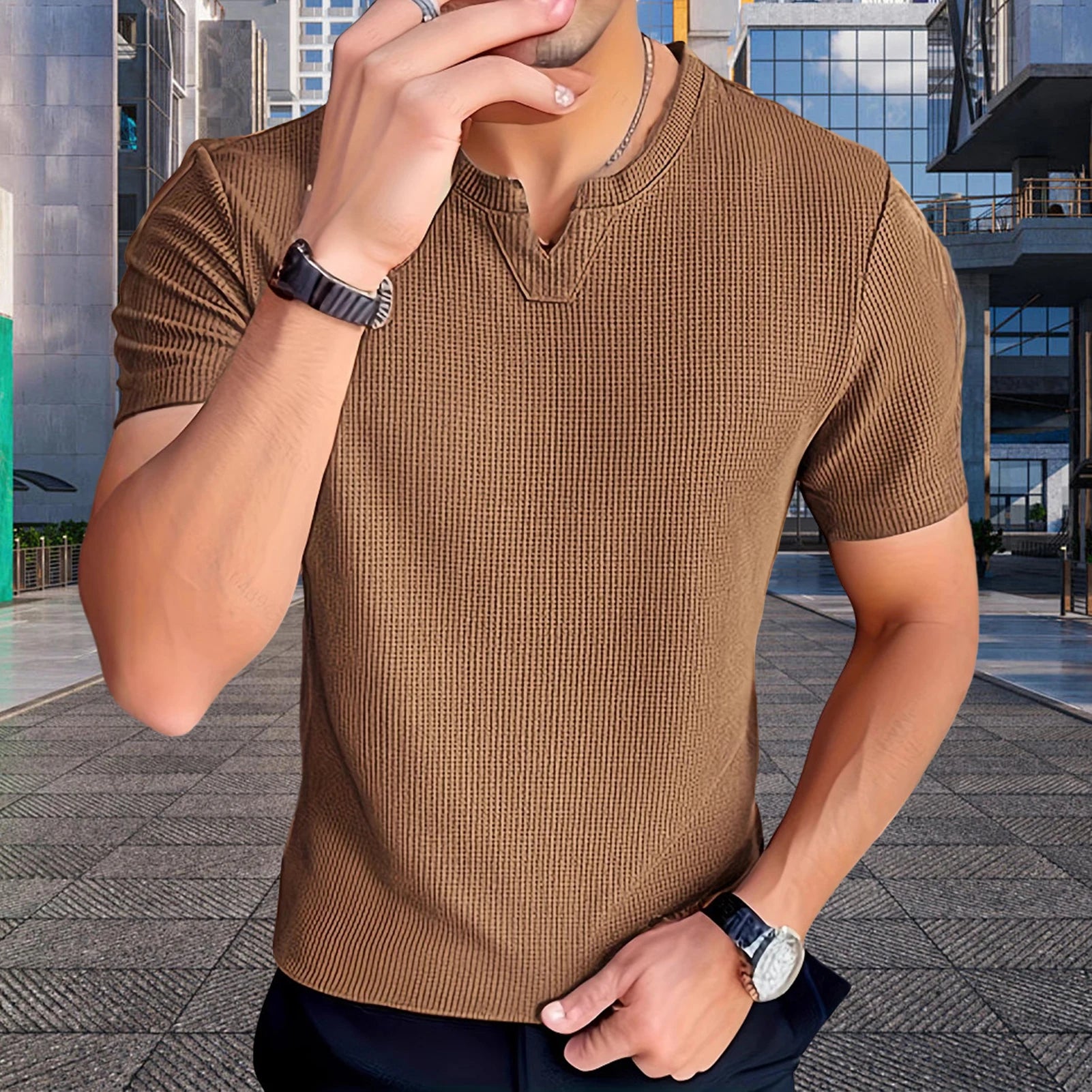 Camiseta Matteo™ em Malha de Algodão Texturizada com Estética Old Money