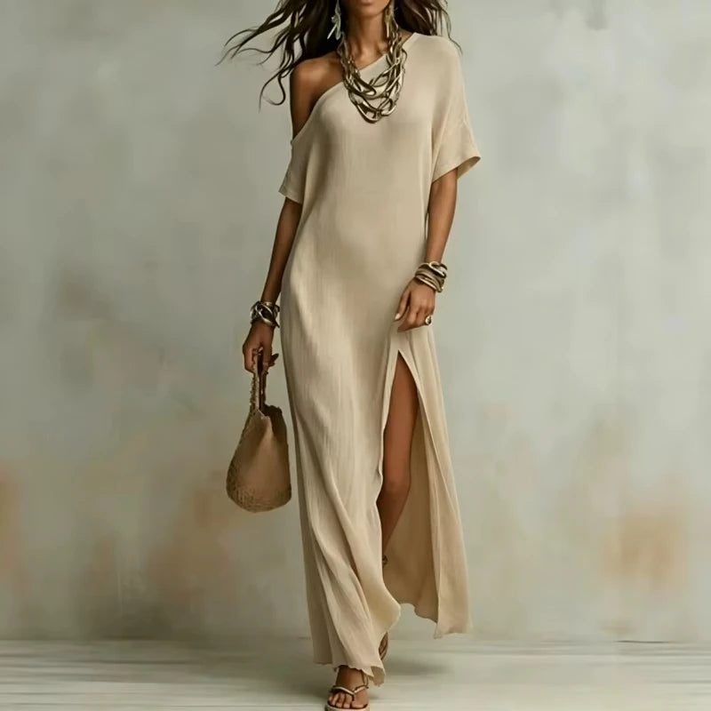 Vestido Velmara™ com Decote Assimétrico e Fenda Frontal Elegante / Elegância Minimalista Para Ocasiões Especiais