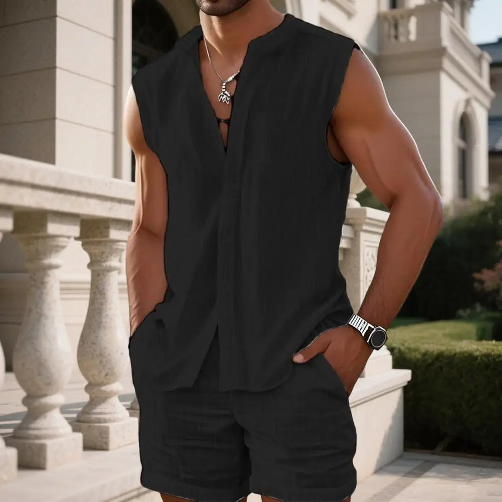 Conjunto Levano™ em Linho de Algodão Com Camisa Sem Mangas E Short De Caimento Leve