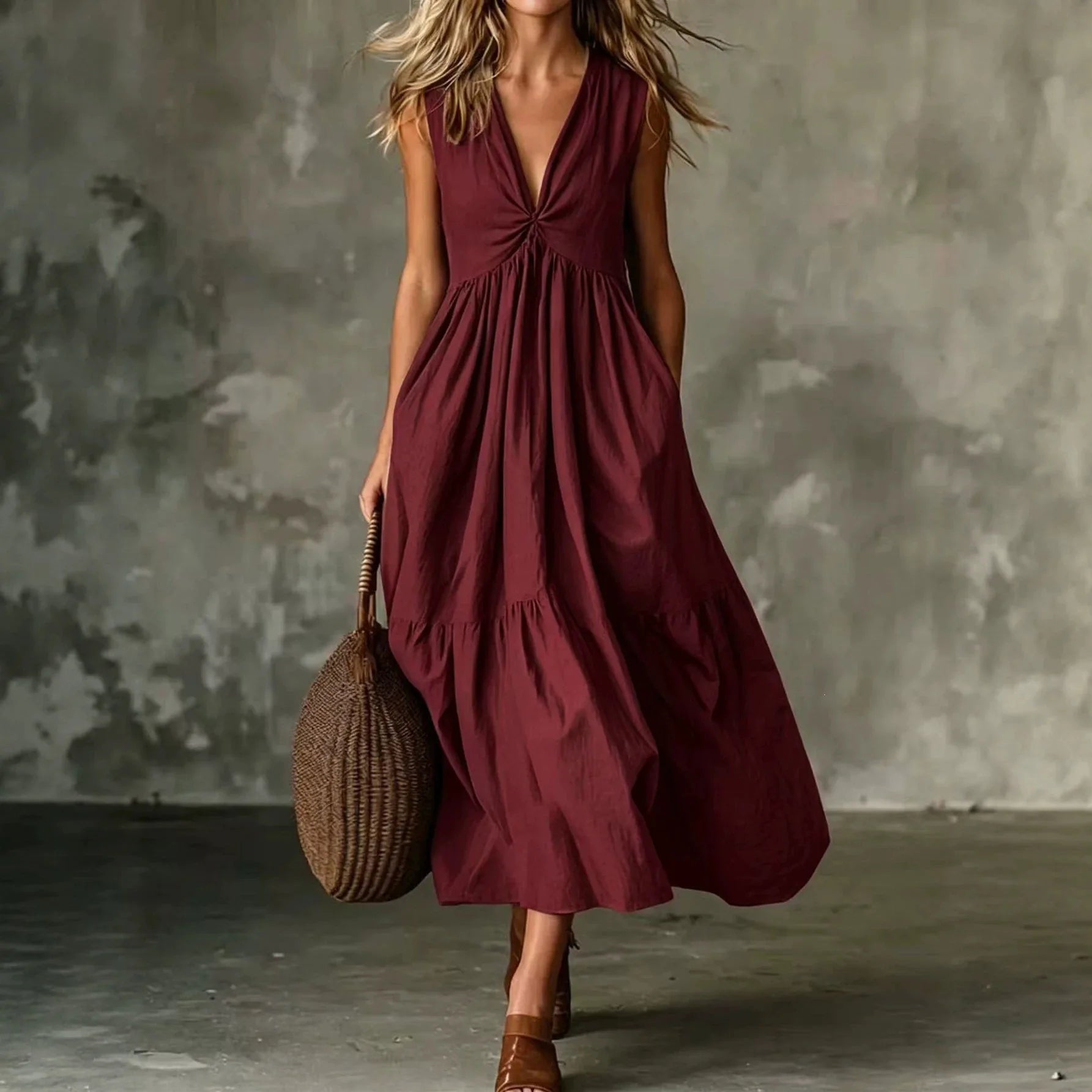Vestido Tamires™ com Modelagem Sem Mangas e Decote V / Uma Escolha Versátil Para Diferentes Ocasiões