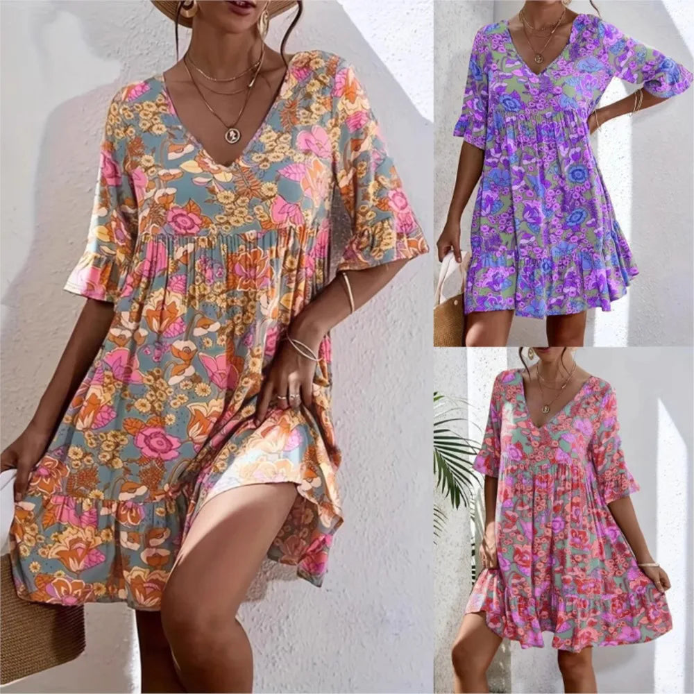 Vestido Amarise™ com Estampa Floral, Mangas 3/4 e Recorte Franzido Abaixo do Busto