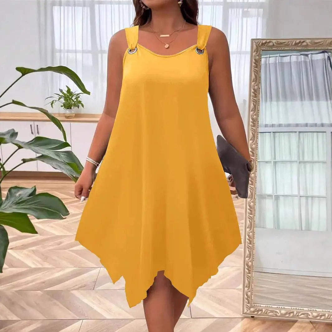 Vestido Soraya™ com Barra Assimétrica e Alças com Argolas Metálicas / Uma Escolha Versátil Para Passeios E Dias Casuais