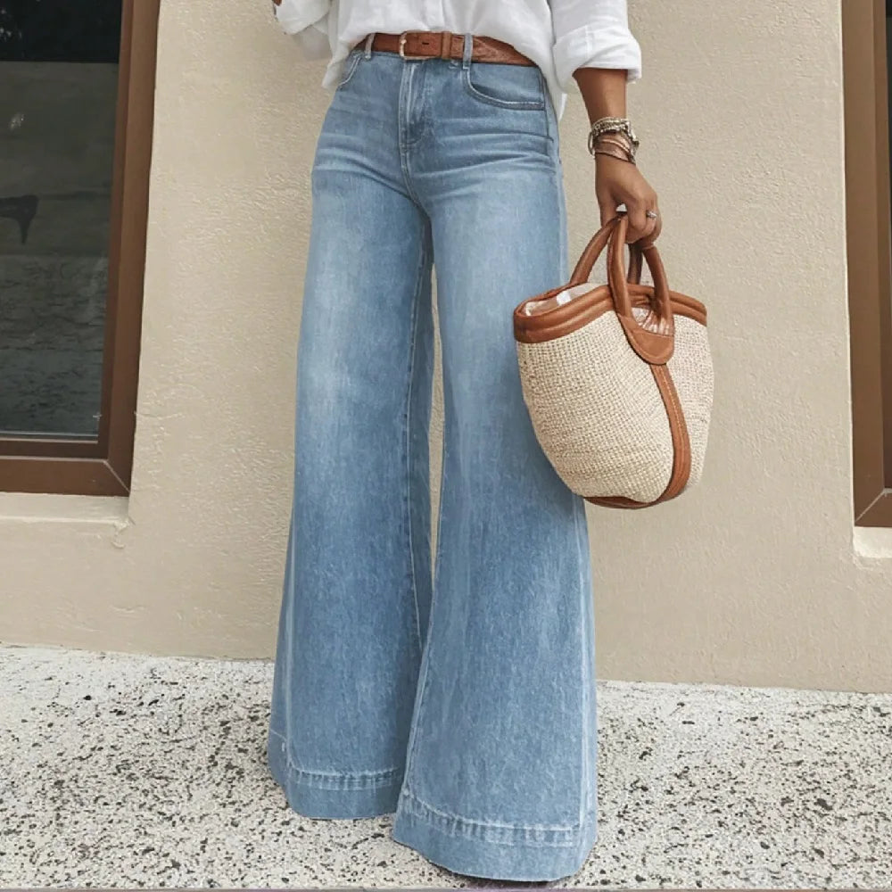 Calça Jeans Ravella™ com Cintura Alta, Modelagem Pantalona e Lavagem Vintage