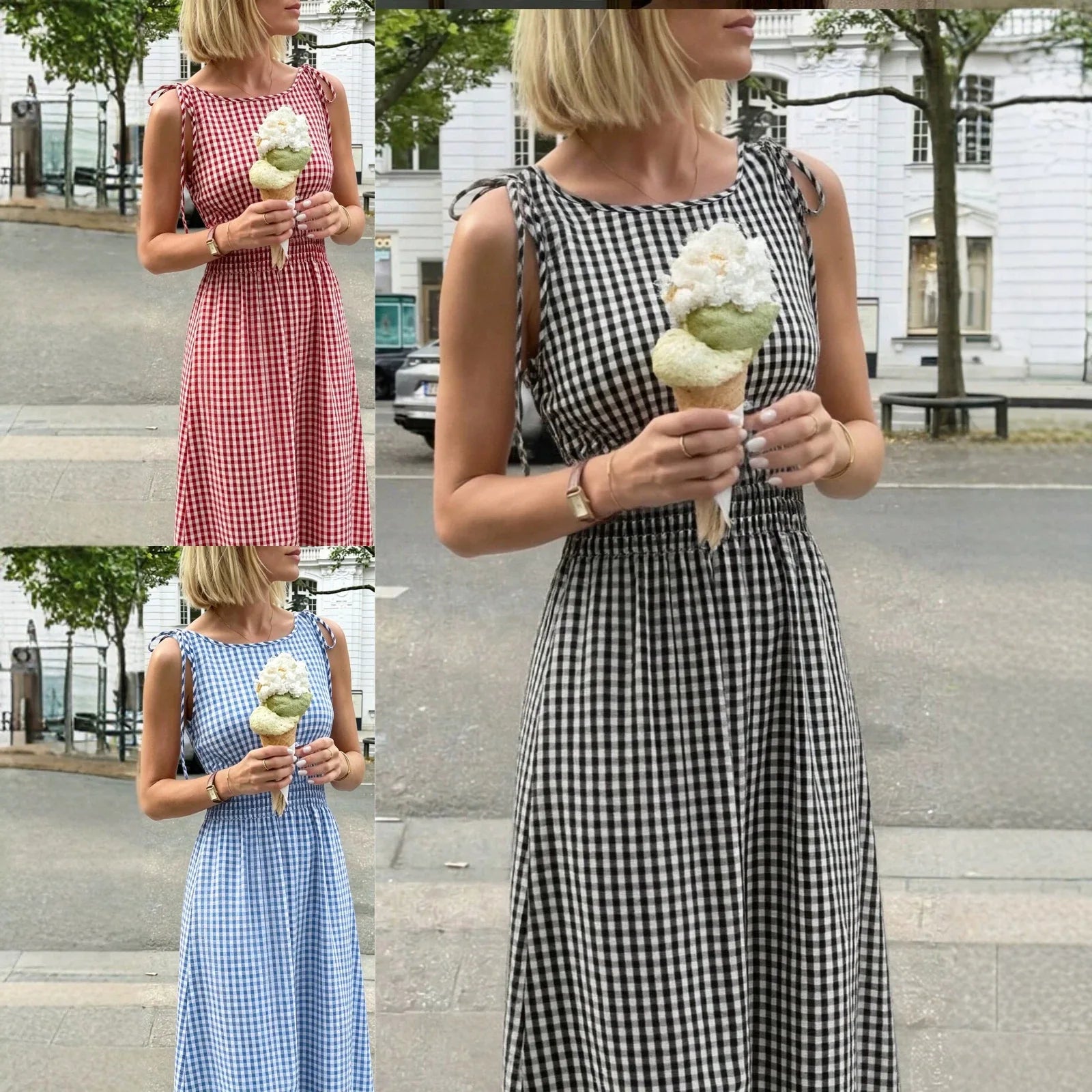 Vestido Marenna™ Com Estampa Vichy e Cintura Marcada / Romantismo Casual Com Toque Europeu