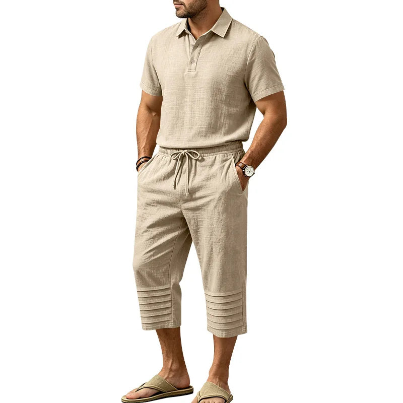 Conjunto Nicolas™ em Linho de Algodão com Camisa Polo de Manga Curta e Bermuda com Cós Elástico e Cordão