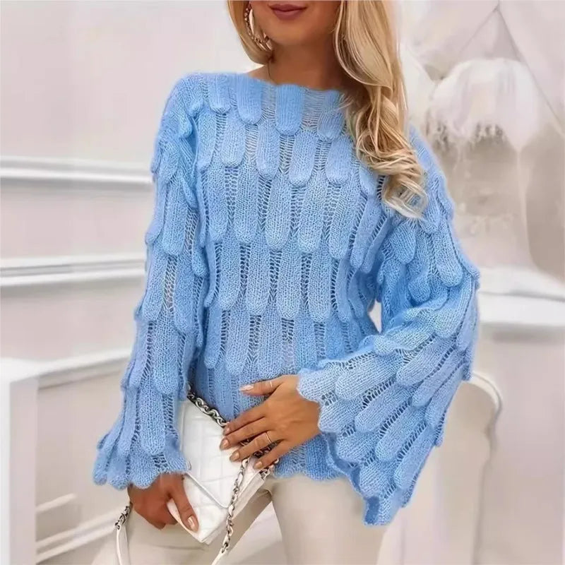 Suéter Aurora™ em Tricô Vazado com Detalhes Inspirados em Penas e Mangas Amplas