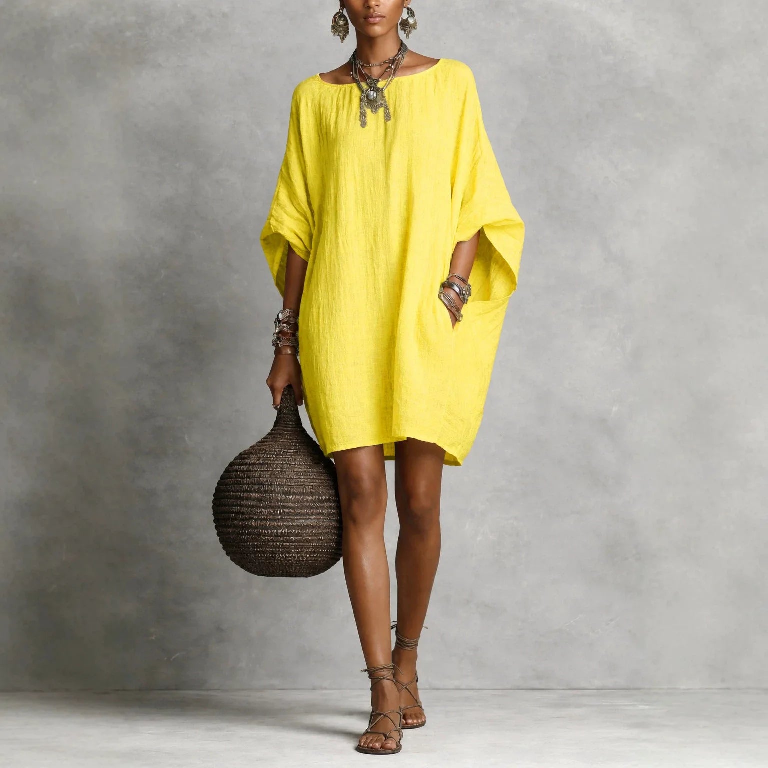 Vestido Juliana™ em Linho de Algodão com Modelagem Ampla e Decote Redondo