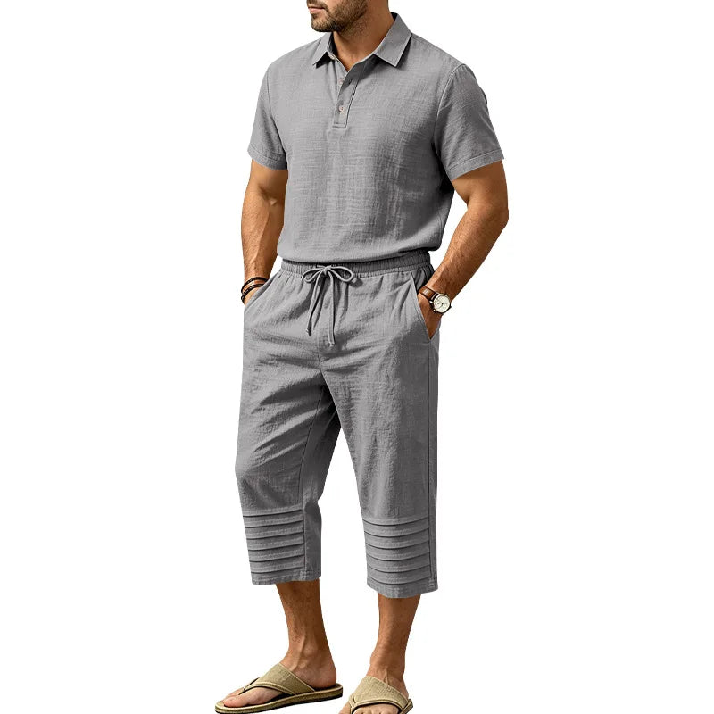 Conjunto Nicolas™ em Linho de Algodão com Camisa Polo de Manga Curta e Bermuda com Cós Elástico e Cordão