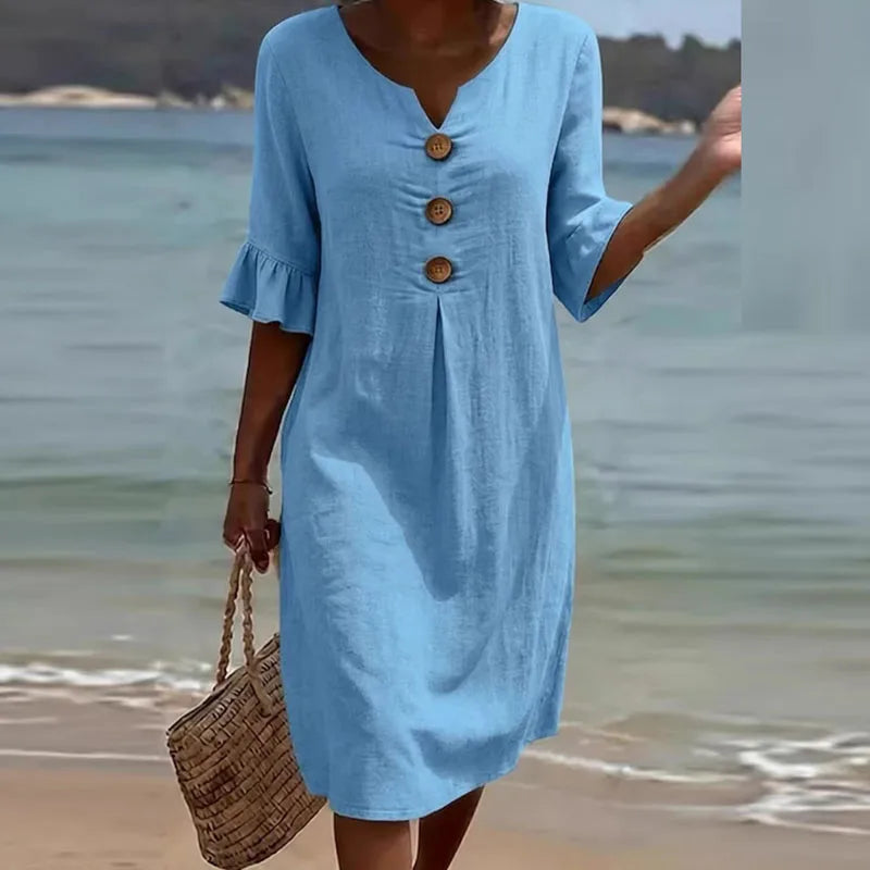 Vestido Liora™ em Linho de Algodão com Botões Frontais e Caimento Leve