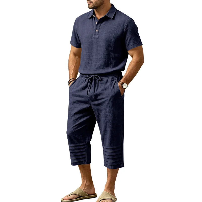 Conjunto Nicolas™ em Linho de Algodão com Camisa Polo de Manga Curta e Bermuda com Cós Elástico e Cordão