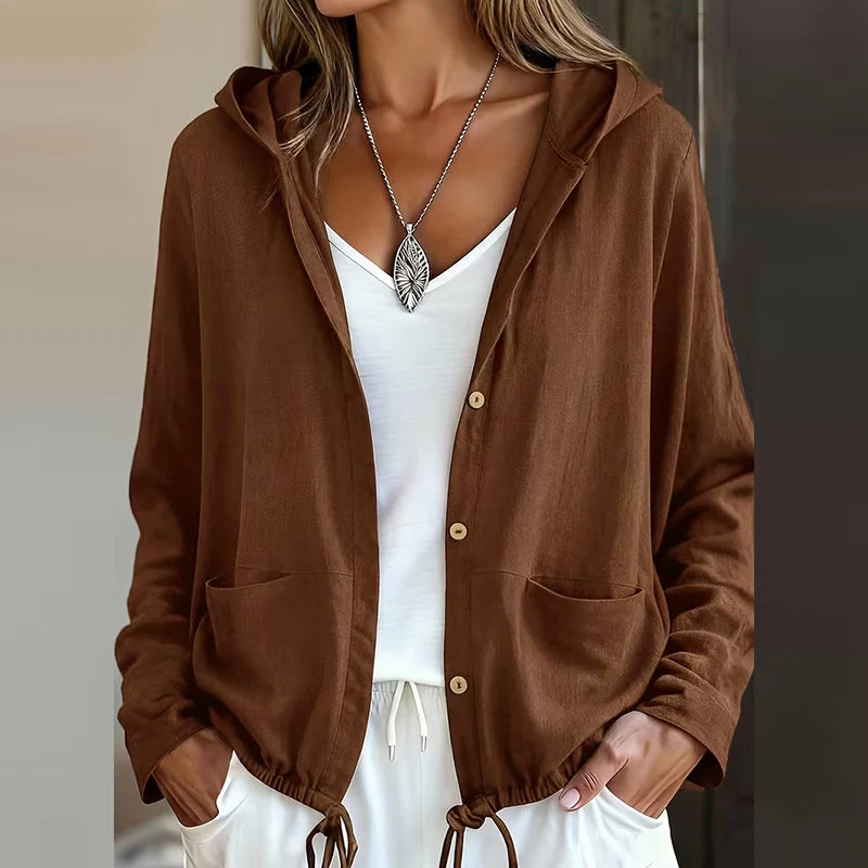 Jaqueta Olívia™ com Capuz, Botões Frontais e Barra Ajustável / Adapte o Caimento de Acordo com o Look
