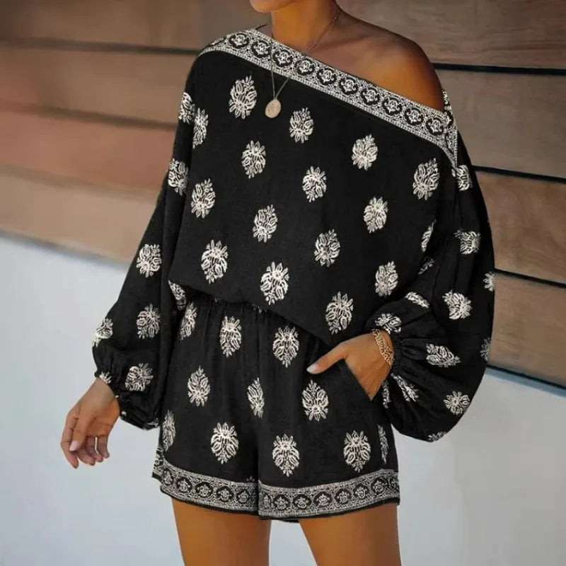 Macacão Maravie™ Com Decote Ombro a Ombro e Estampa Boho Chic