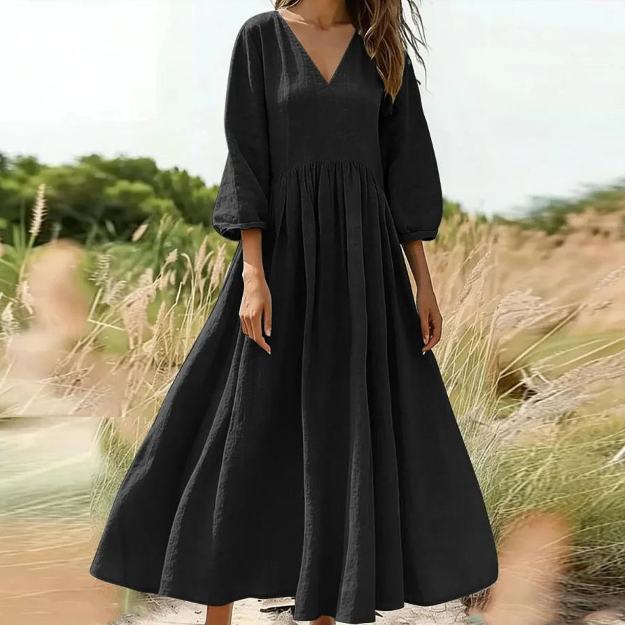 Vestido Arietta™ em Linho de Algodão com Cintura Alta Franzida e Mangas Bufantes