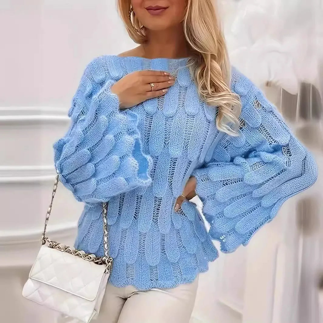 Suéter Aurora™ em Tricô Vazado com Detalhes Inspirados em Penas e Mangas Amplas