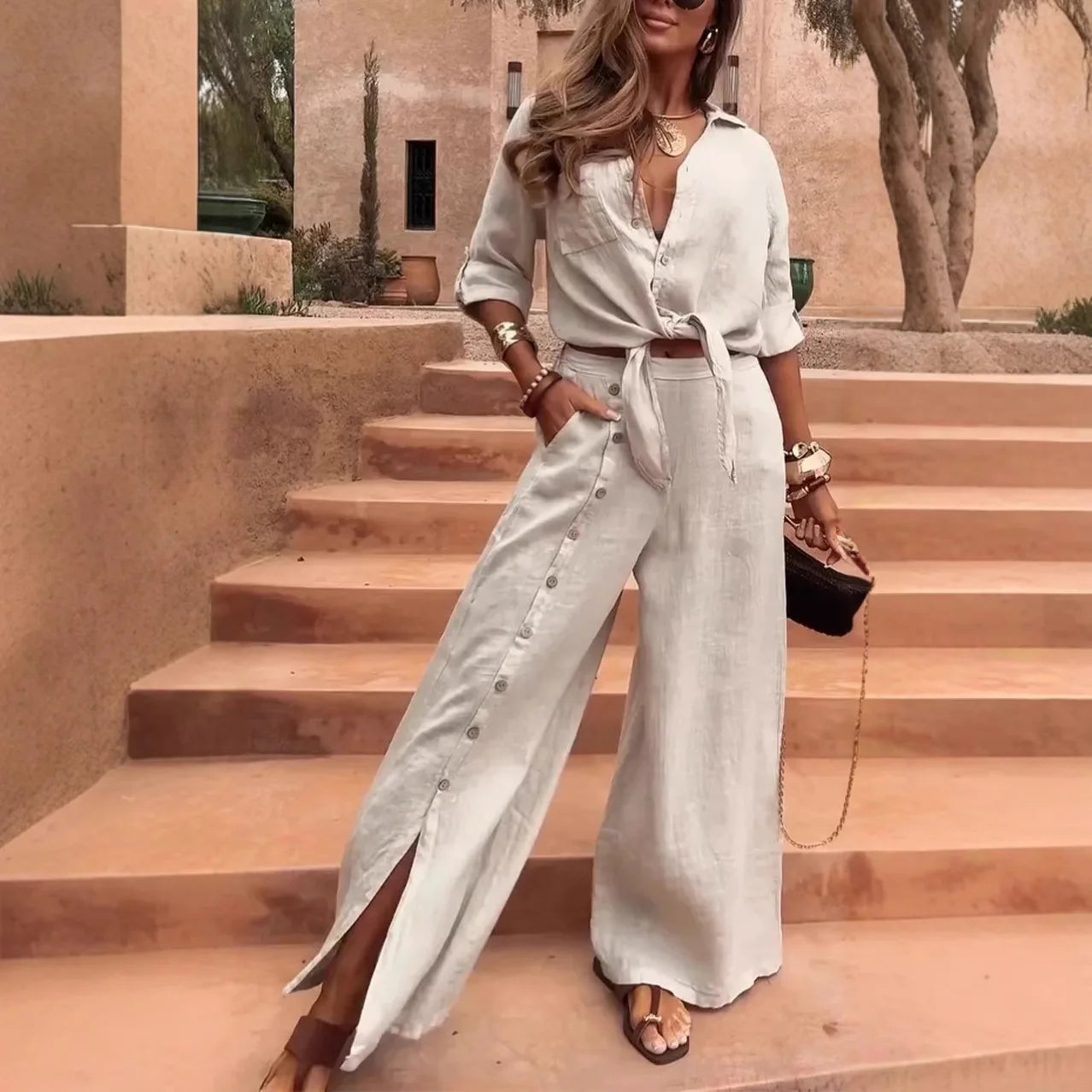 Conjunto Casablanca™ em Linho de Algodão com Botões Laterais / Sofisticação para Dias de Sol e Liberdade!