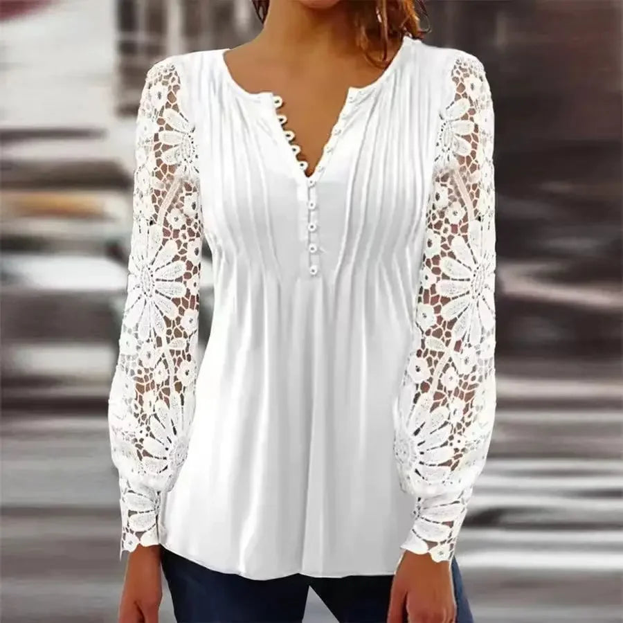 Blusa Verenice™ com Mangas em Renda Floral Transparente e Pregas Charmosas no Busto / O Romantismo da Renda em Uma Peça Cheia de Sofisticação