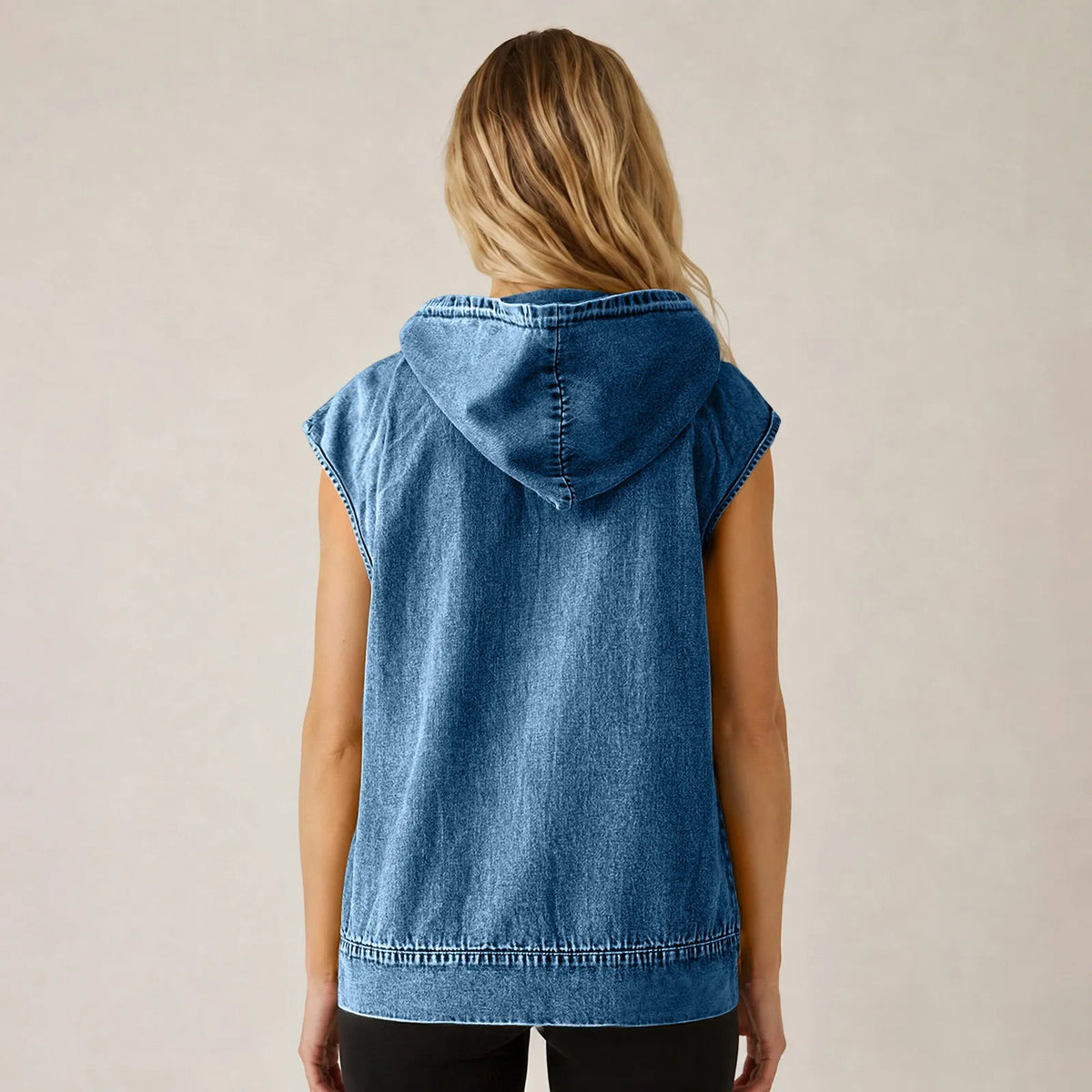 Colete Jeans Norella™ com Capuz Ajustável, Zíper Frontal e Modelagem Oversized