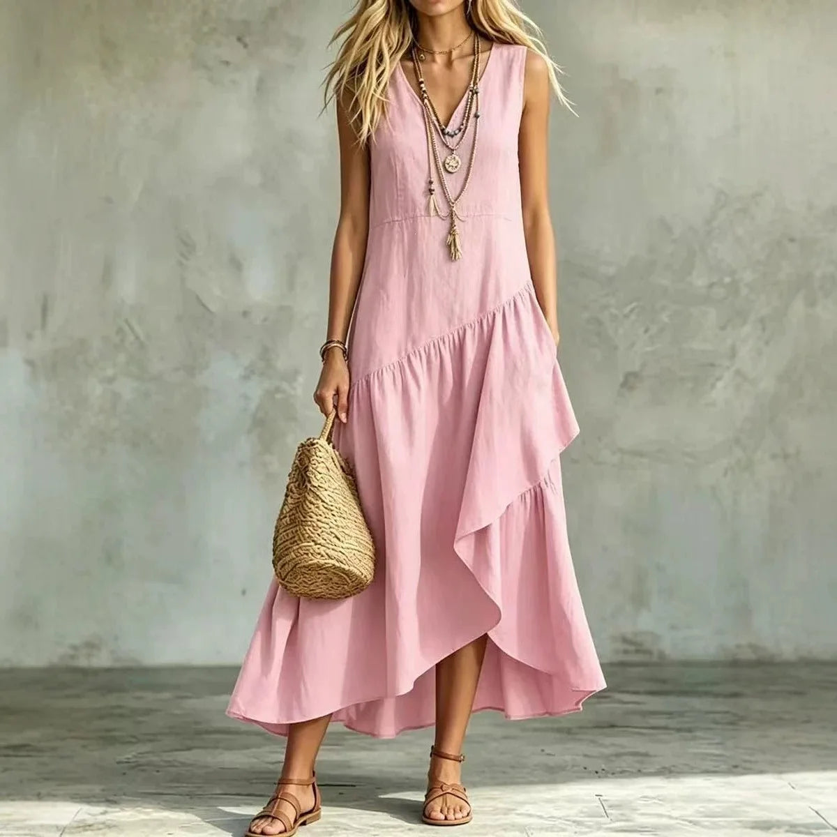 Vestido Liorah™ com Decote em V e Saia Assimétrica em Camadas Fluidas / Movimento Que Encanta Ao Caminhar