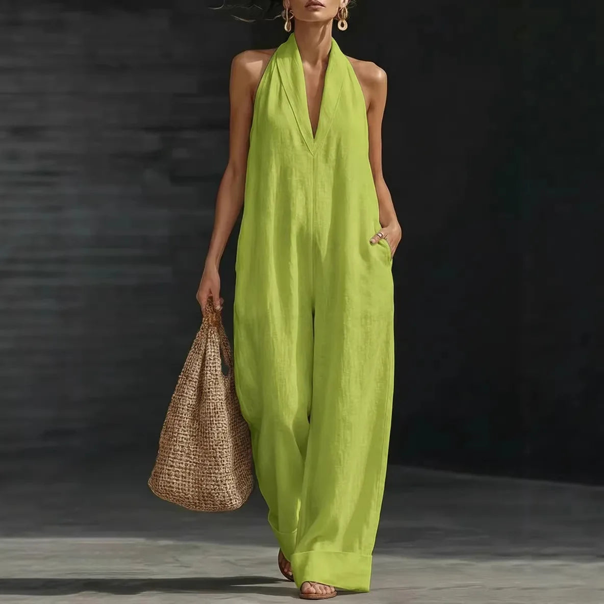 Macacão Veline™ com Decote V Profundo e Modelagem Pantalona / Uma Silhueta Marcante com Leveza em Cada Movimento.