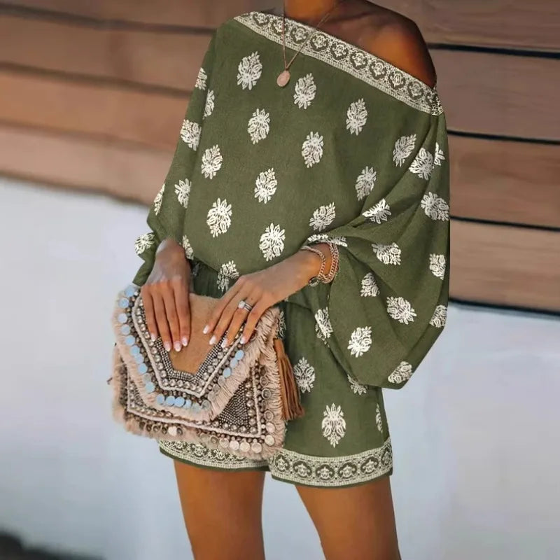 Macacão Maravie™ Com Decote Ombro a Ombro e Estampa Boho Chic