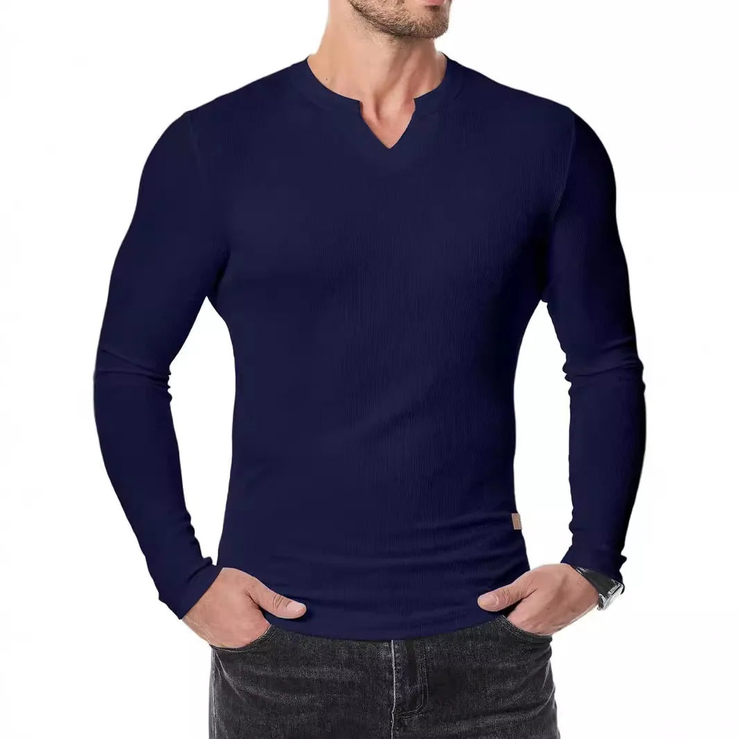 Camiseta Valério™ com Textura Canelada, Gola em V e Mangas Longas