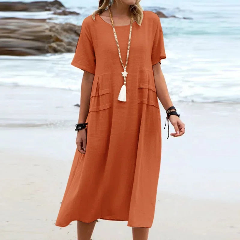 Vestido Alessia™ em Linho de Algodão com Detalhes em Camadas nas Laterais / Elegância Casual Para Diferentes Ocasiões