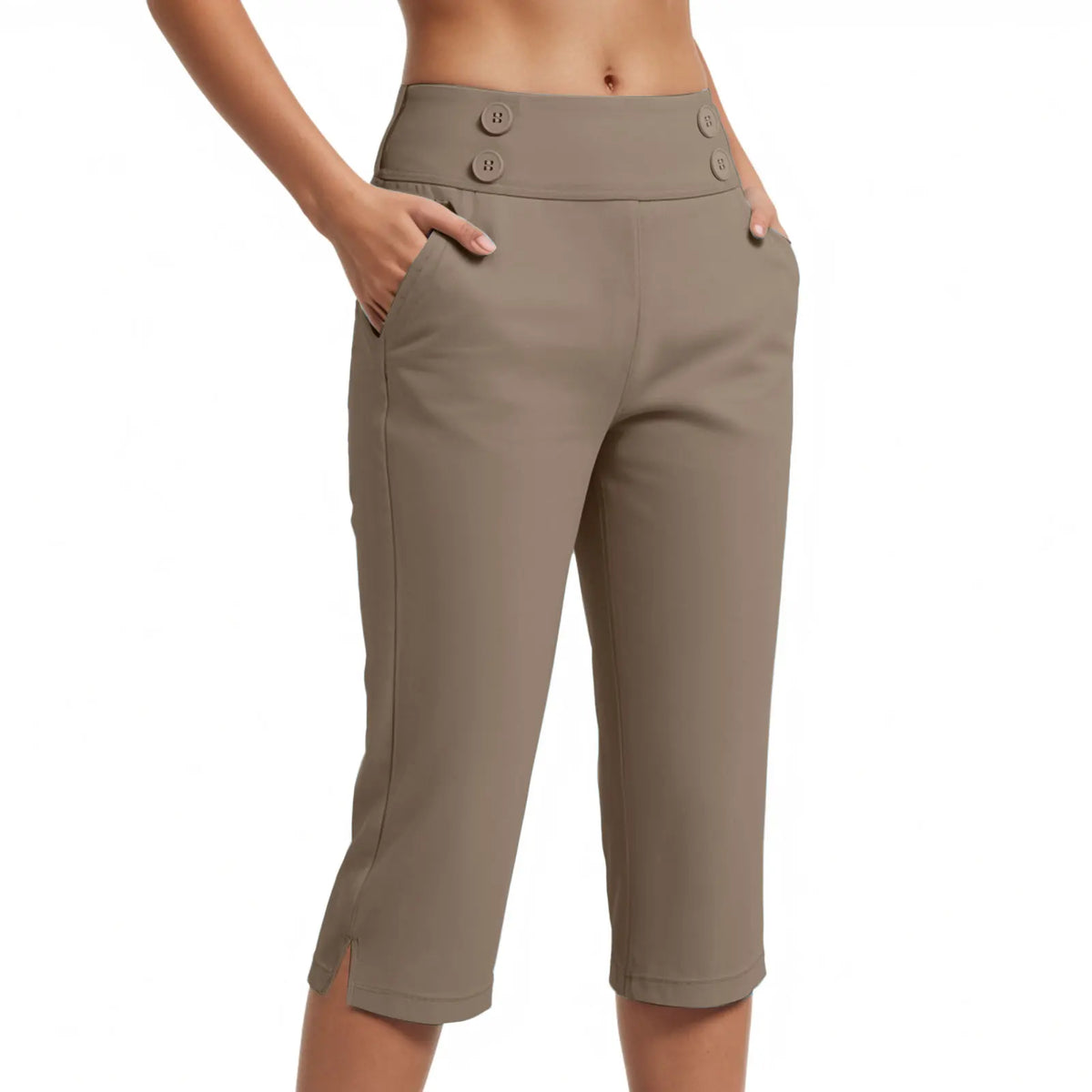 Calça Capri Simone™ com Botões Decorativos no Cós, Cintura Alta e Bolsos Laterais