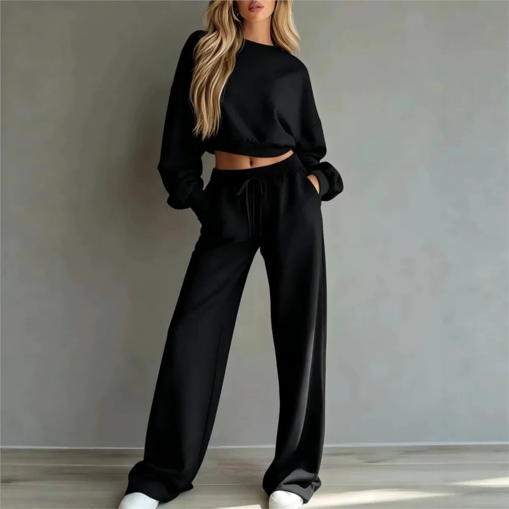 Conjunto Girona™ com Blusa Cropped de Manga Longa e Calça de Modelagem Ampla com Cordão