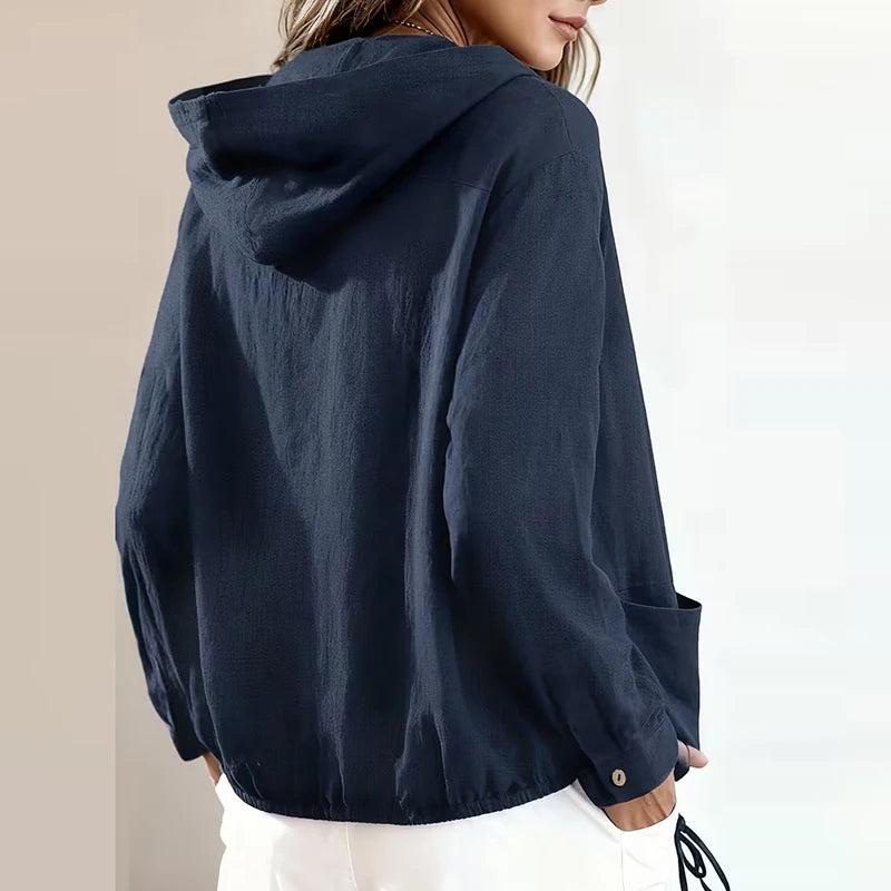 Jaqueta Olívia™ com Capuz, Botões Frontais e Barra Ajustável / Adapte o Caimento de Acordo com o Look