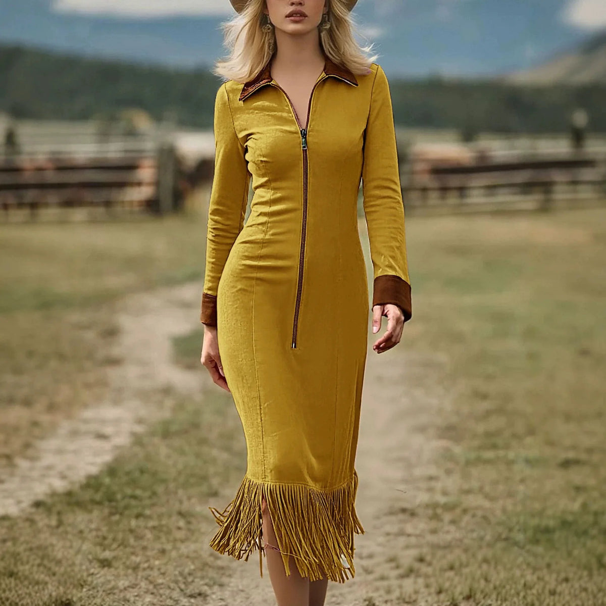 Vestido Modena™ em Acabamento Aveludado com Gola e Mangas Contrastantes, Zíper Frontal e Barra com Franjas