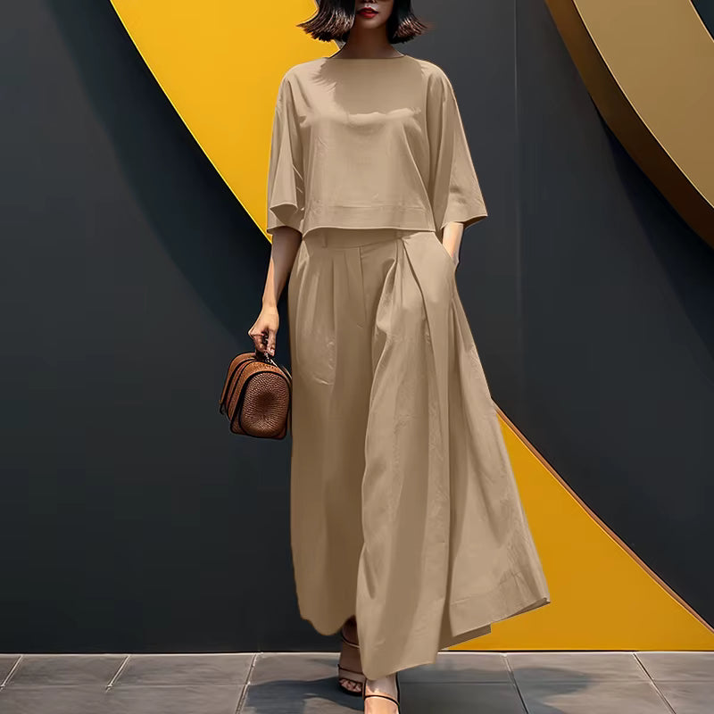 Conjunto Sofia™ em Popelina com Manga Kimono e Calça Saia de Cintura Alta