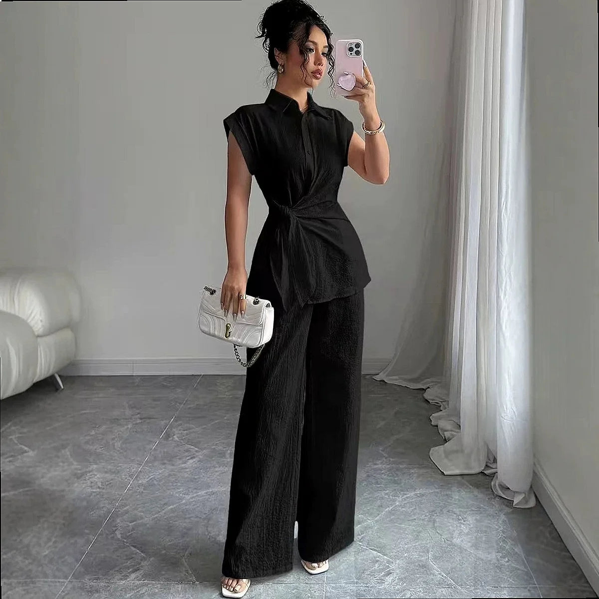 Conjunto Avila™ com Camisa de Botões Frontais e Calça Ampla / Duas Peças para um Visual Alinhado sem Esforço