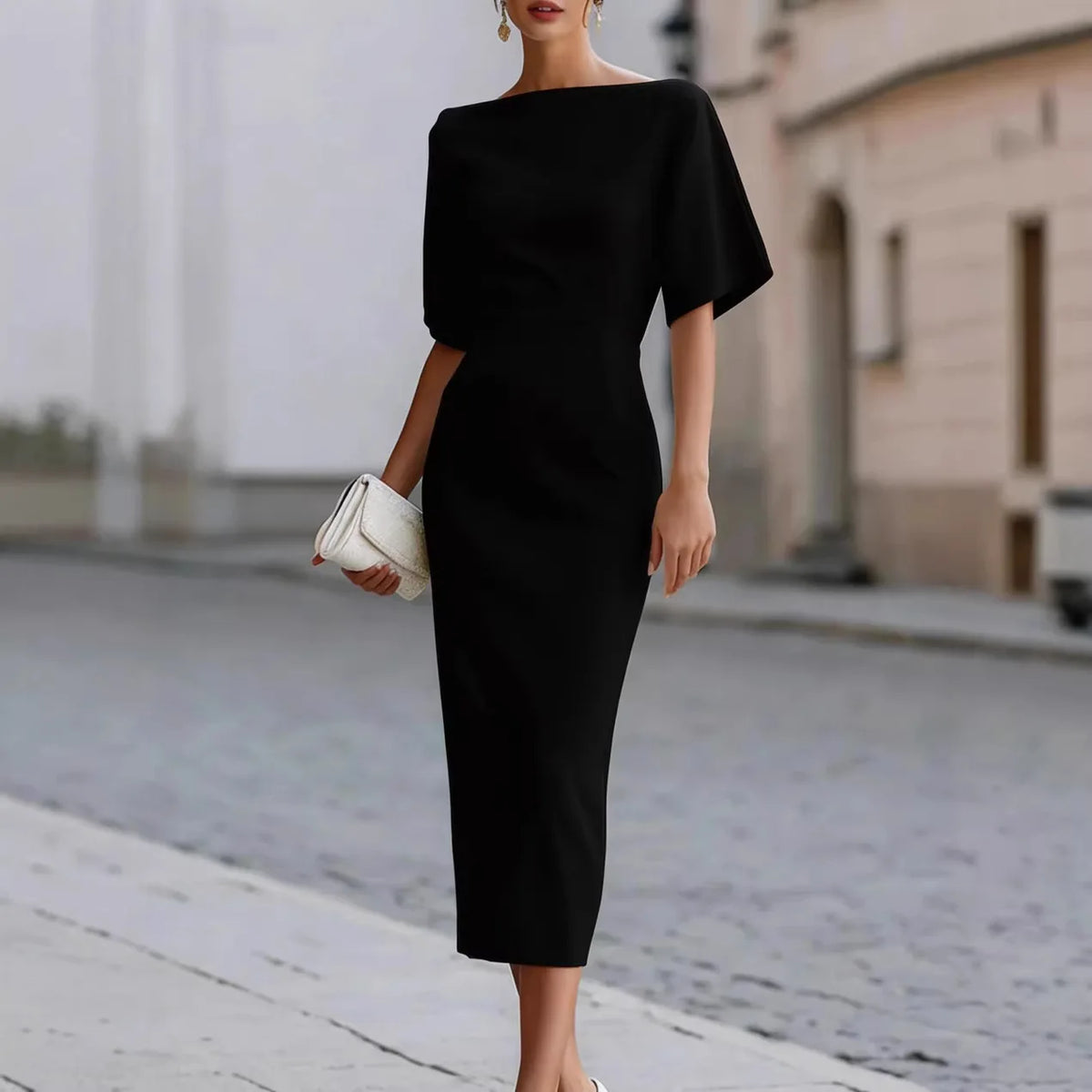 Vestido Estelina™ com Cintura Marcada, Mangas Amplas e Decote Canoa  / Um Visual Refinado Sem Precisar de Muitos Acessórios