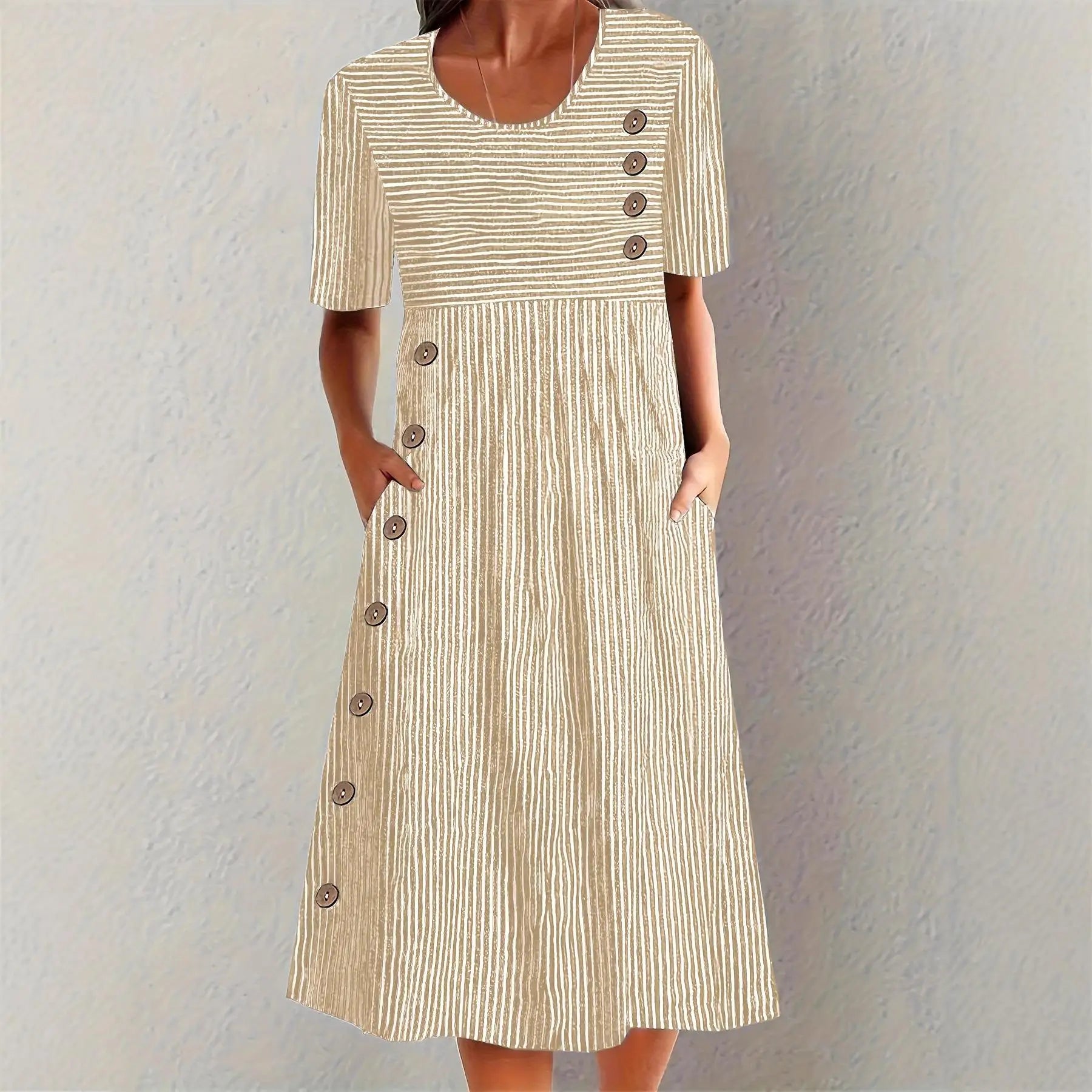 Vestido Elvanna™ com Estampa de Listras Delicadas e Botões Decorativos Chiques / Charme Retrô Para Um Visual Feminino